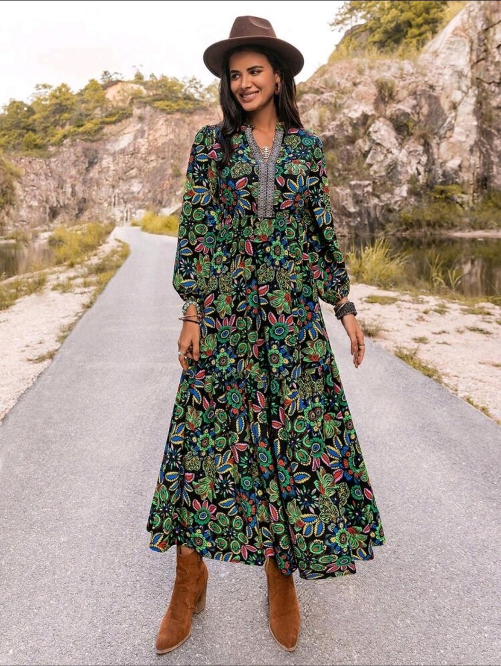 Bohemian Floral Maxi Dress - Black with Multicolor Floral - Picture 5 of 14